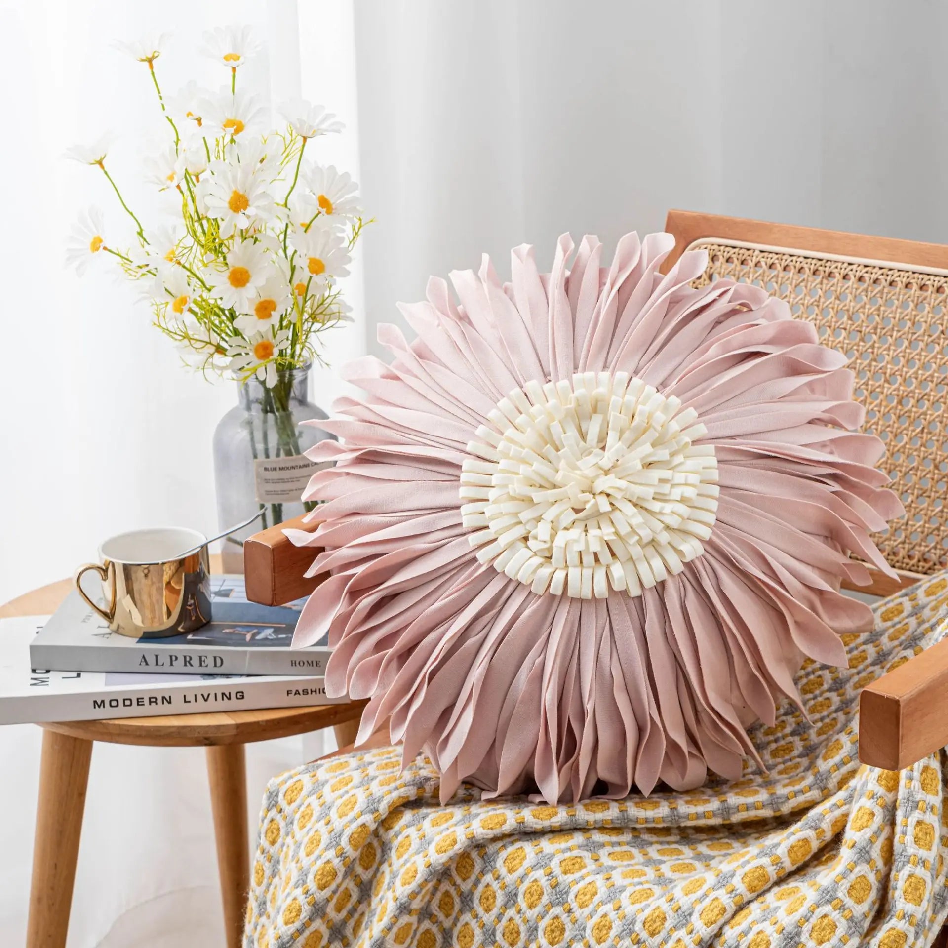 Fashion Modern Style Pink White Throw Pillows 45*45cm Velvet Stitching 3D Chrysanthemum  Cushion Waist Pillow Blue Cushion Case