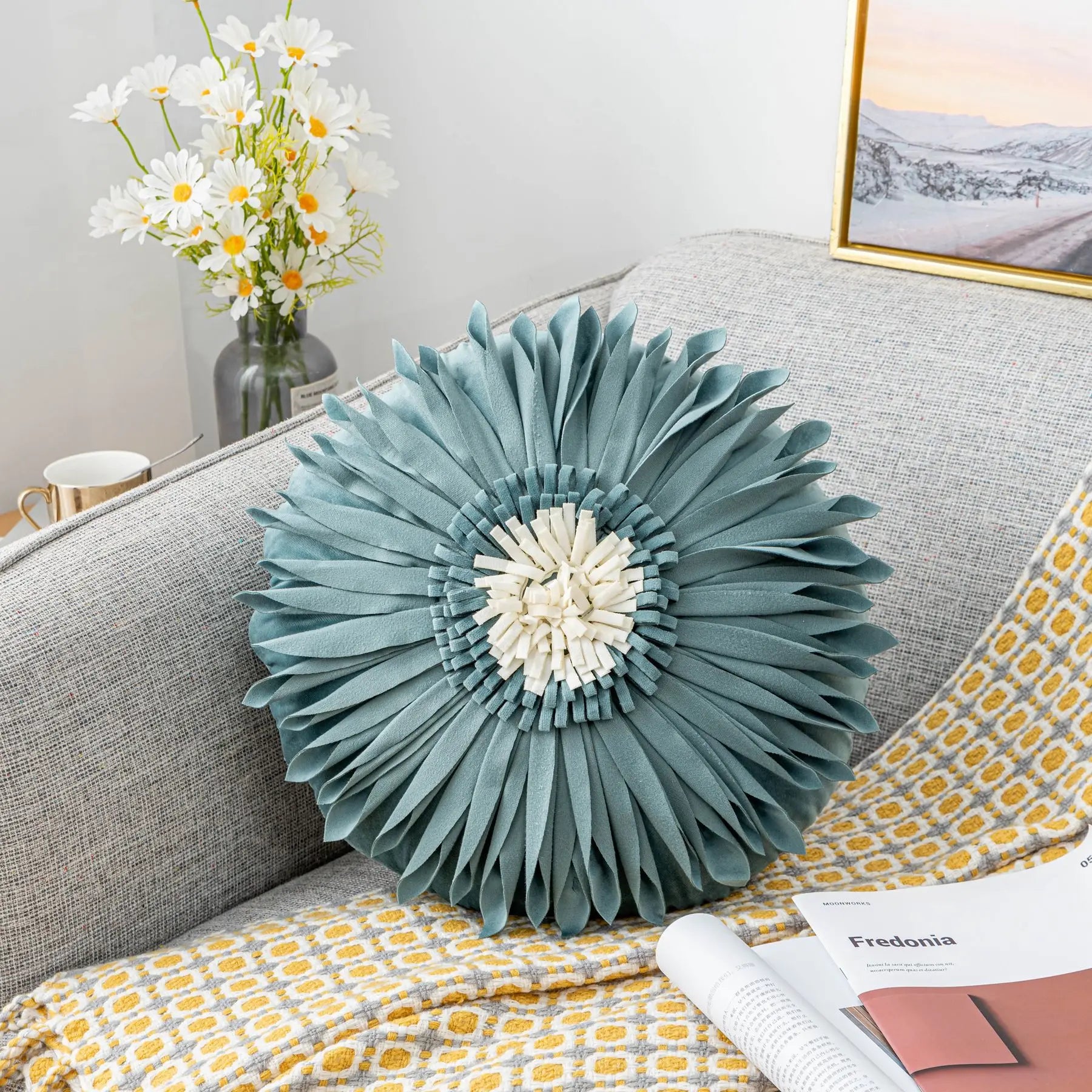 Fashion Modern Style Pink White Throw Pillows 45*45cm Velvet Stitching 3D Chrysanthemum  Cushion Waist Pillow Blue Cushion Case