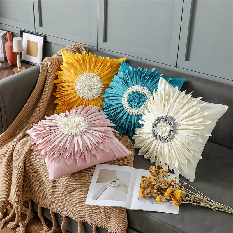 Fashion Modern Style Pink White Throw Pillows 45*45cm Velvet Stitching 3D Chrysanthemum  Cushion Waist Pillow Blue Cushion Case