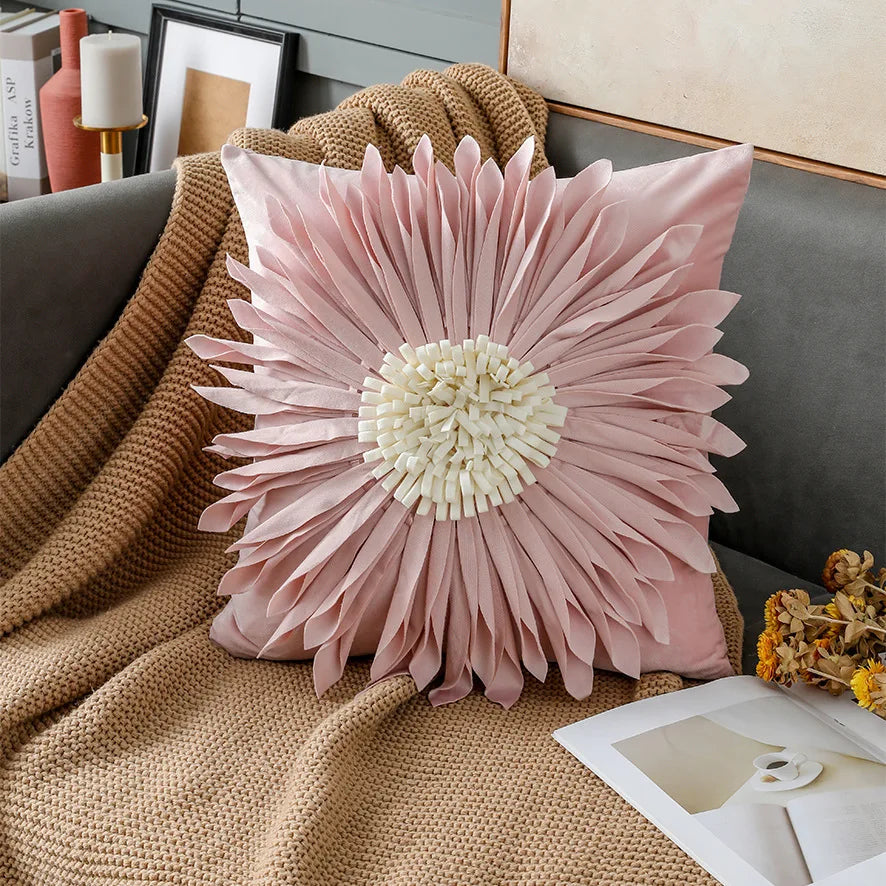 Fashion Modern Style Pink White Throw Pillows 45*45cm Velvet Stitching 3D Chrysanthemum  Cushion Waist Pillow Blue Cushion Case